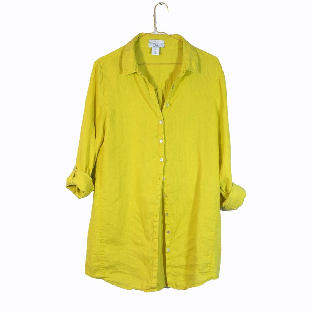 H by Halston Womens 100% Linen Button Down Shirt Long Yellow Size M